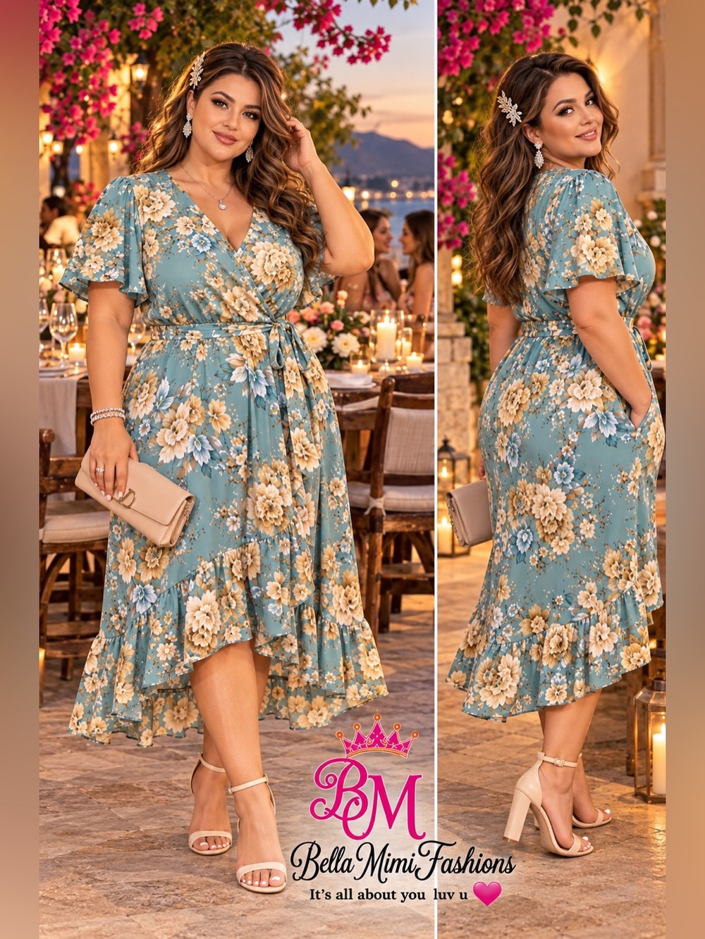 Bloomchic Teal Floral High-Low Faux Wrap dress size 22/24 3X 🌸🌺🌸